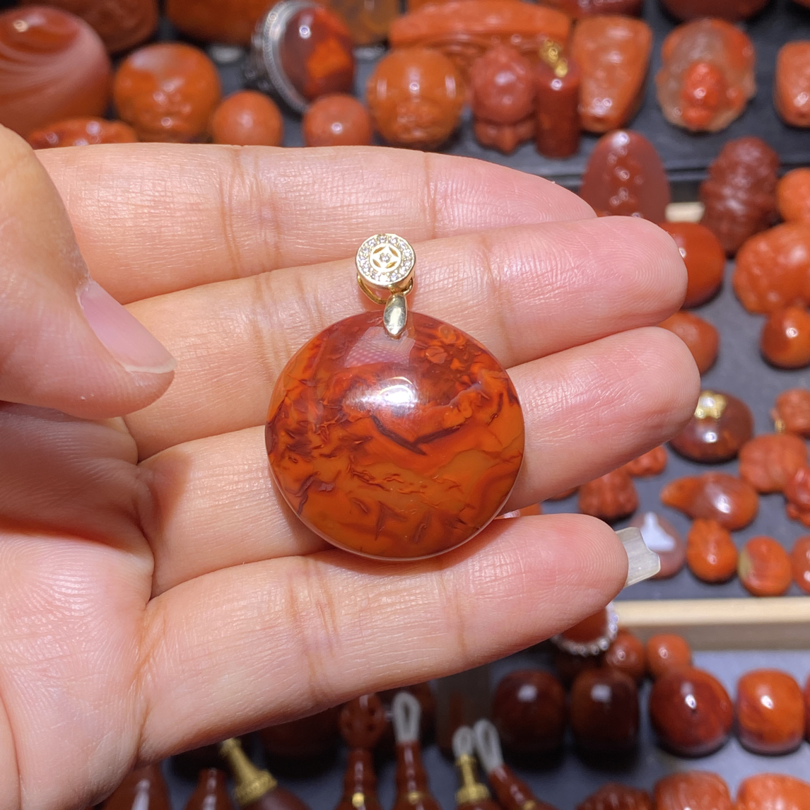 瓦西南红玛瑙圆牌吊坠满肉妖艳火焰纹漂亮27mm
