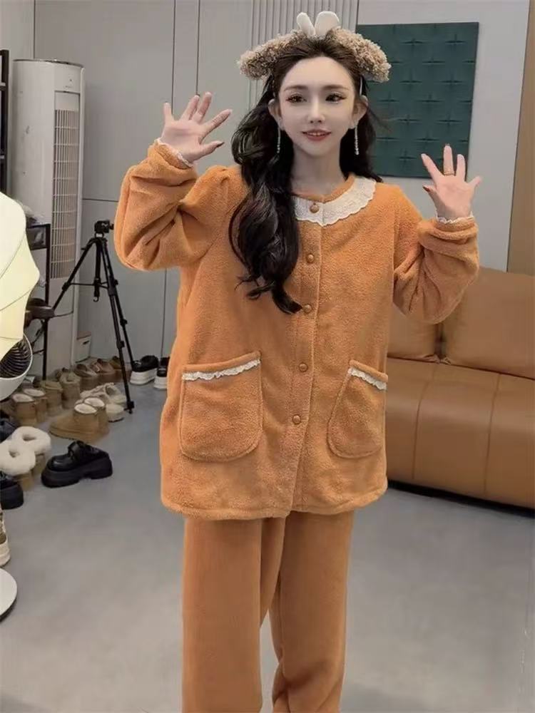 2025秋冬睡衣蕾丝花边拼接可外穿家居服宽松保暖两件套装177078