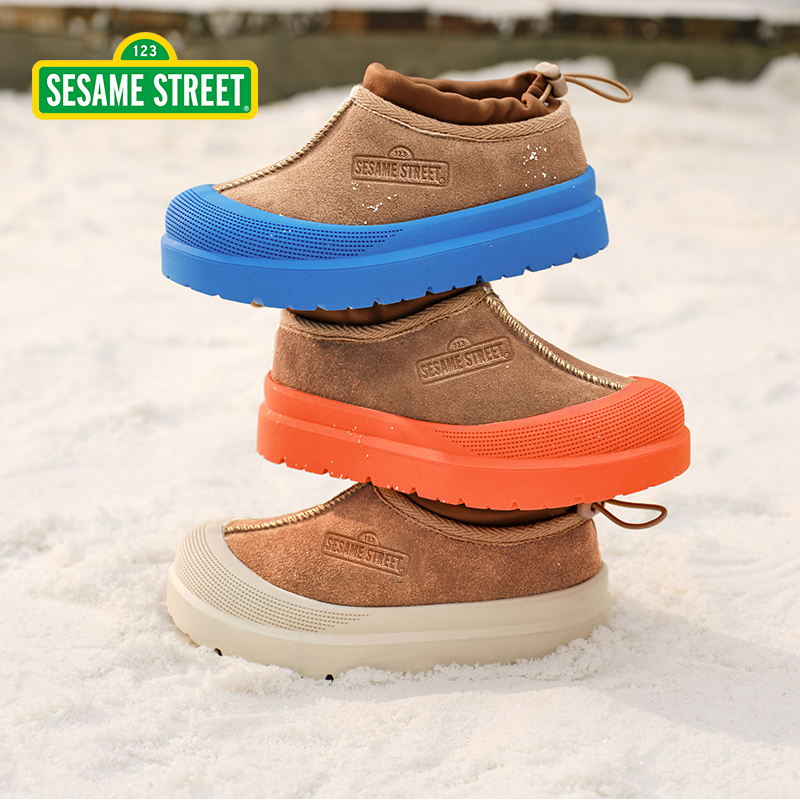 芝麻街真牛皮儿童棉鞋加绒保暖雪地靴2025新款冬季童鞋男女童短靴