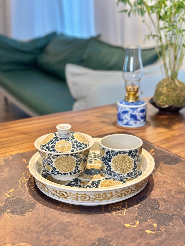 景德镇立勤堂手工手绘2号釉金刚莲盖碗壶承主人杯泡茶器具网红款