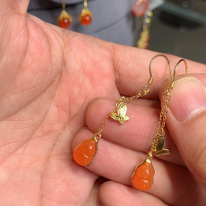 南红玛瑙银S925镀金镶嵌耳饰