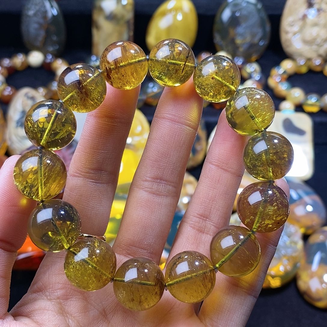 琥珀颈饰未镶嵌15.3mm绿茶雨花手串