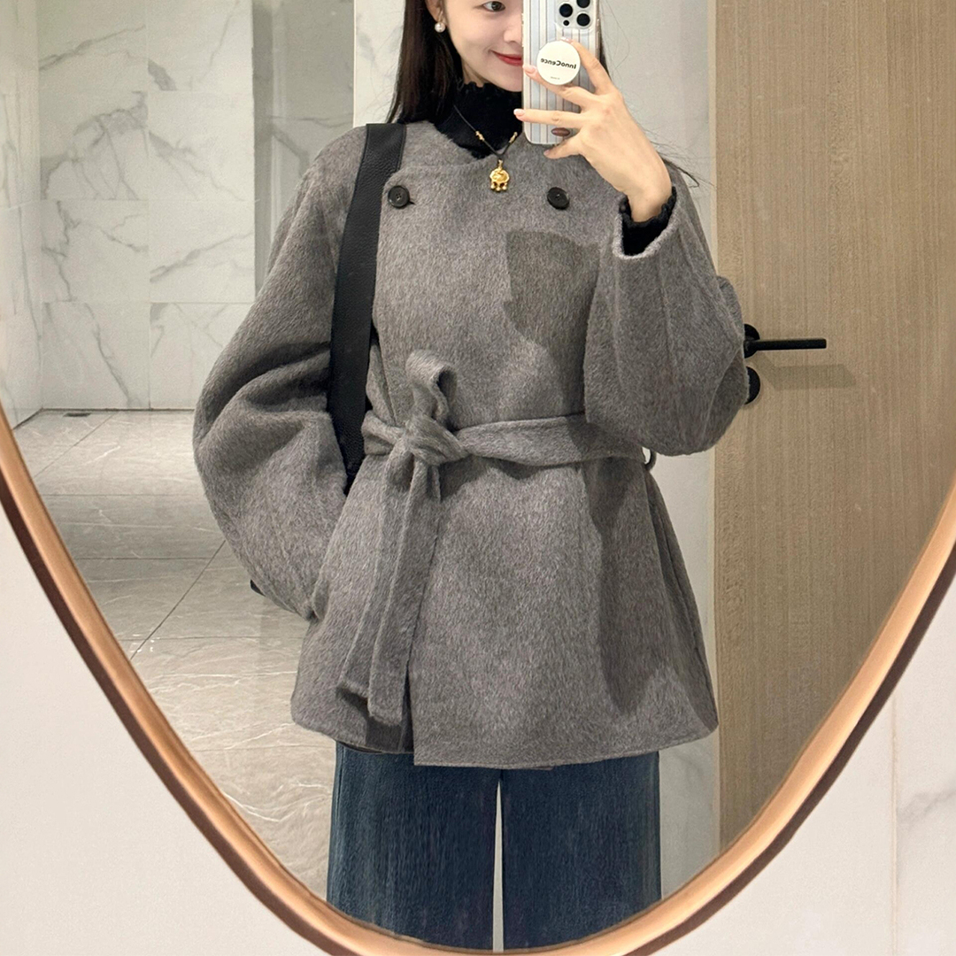 灰色呢子大衣女短款小个子赫本风系带韩版毛呢外套高级感