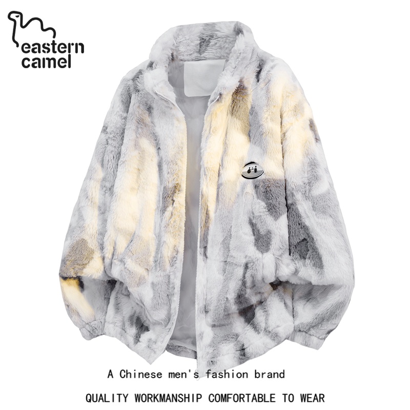 东方骆驼冬季大码扎染渐变高级羊羔毛棉服外套男宽松加厚情侣夹克