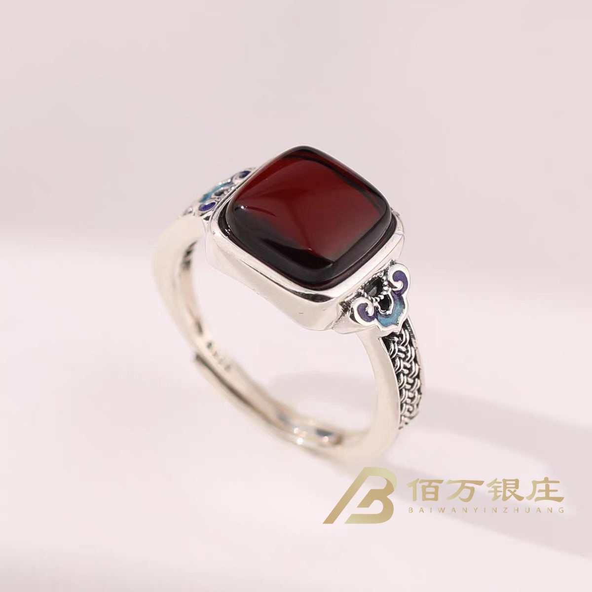 【佰万银庄】银S925方形琥珀血珀珐琅彩祥云开口戒指轻奢可调节