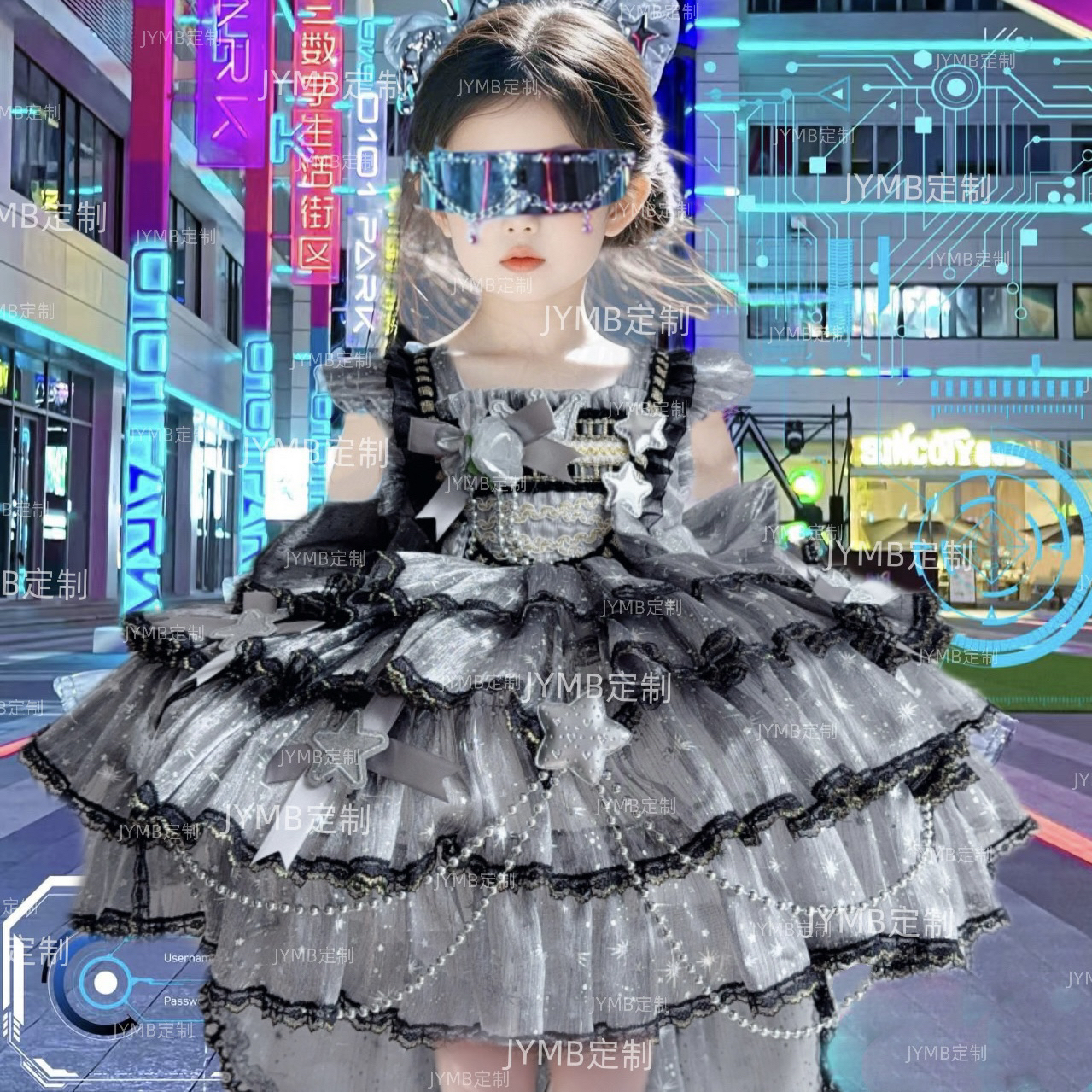 原创洛丽塔未来科技感器赛博朋克走秀华丽银色蓬蓬裙演出服未来风