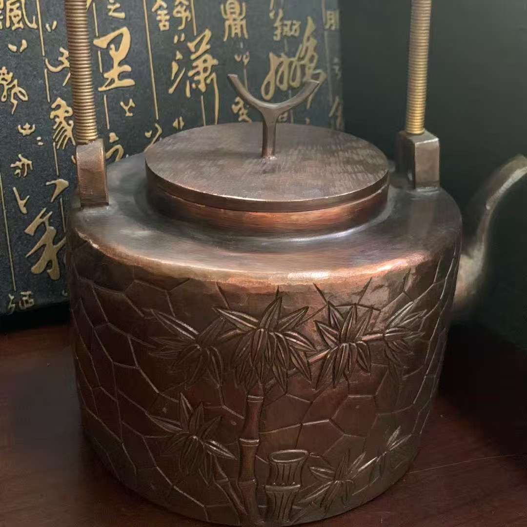 纯手工提梁冰裂纹烧水铜壶全手工雕刻复古煮水