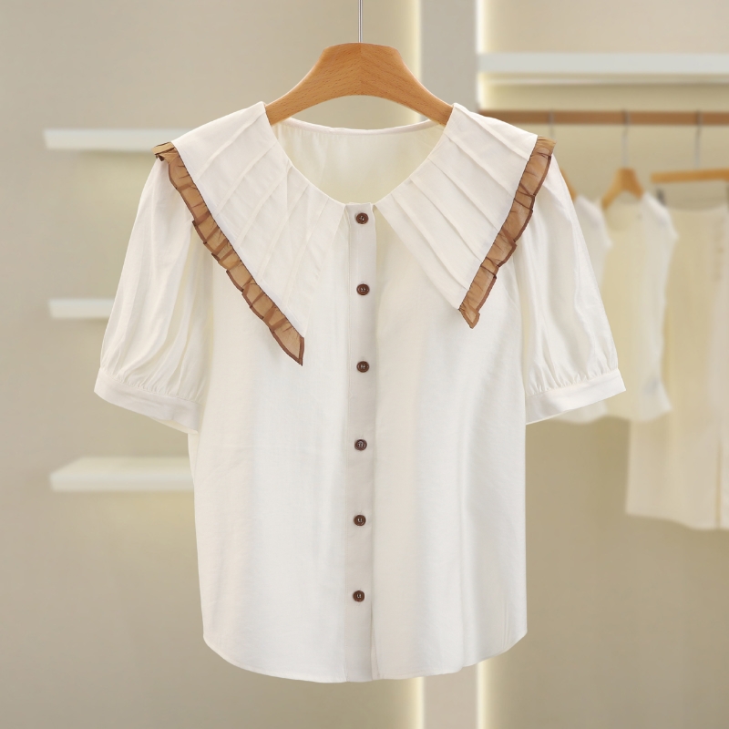 【康康上身款】娃娃领宽松短袖俏皮百搭衬衫夏季女装#zmf56s008