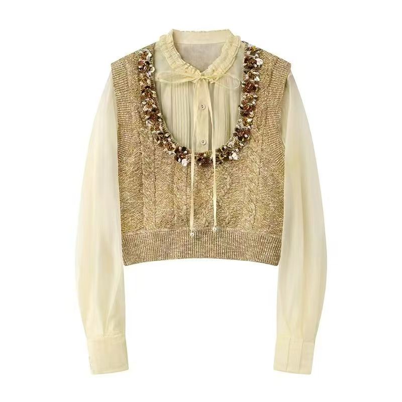 2025秋明星同款纸醉金迷高级感时尚浅金色毛衣拼接假两件衬衫女