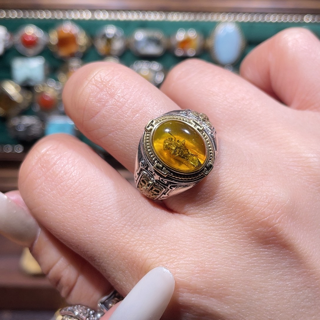 琥珀银S925镶嵌戒指戒指