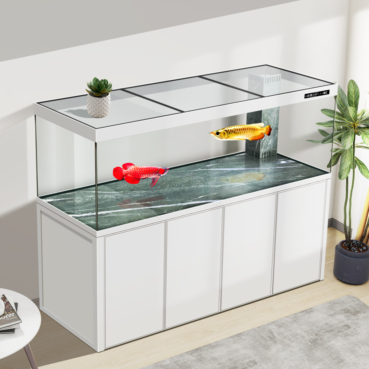 岩板系列底滤龙鱼缸客厅家用超白玻璃 专业级过滤水族箱龙门灯架