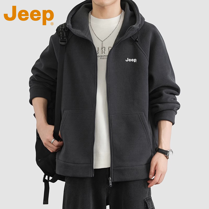 JEEP吉普加绒加厚双面摇粒绒连帽开衫卫衣男款秋冬季夹克外套上衣