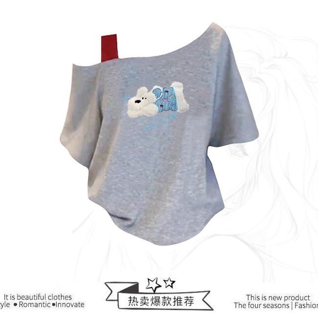 韩版盐系夏季爆款网红露肩短袖印花T恤女宽松纯欲风ins风百搭上衣