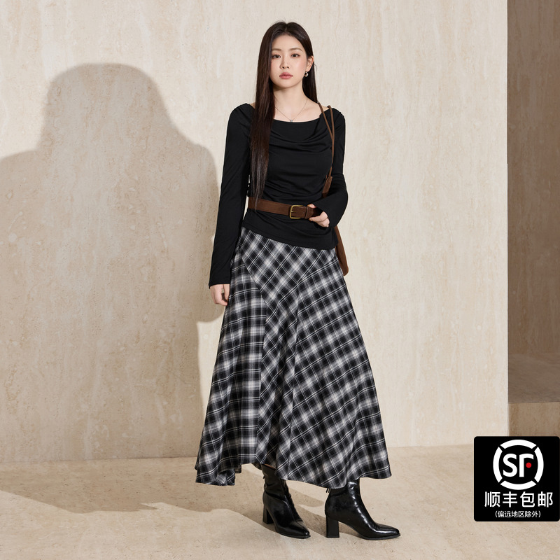 蓝语大码女装气质不规则设计格子半身裙2025秋季新款高腰显瘦长裙