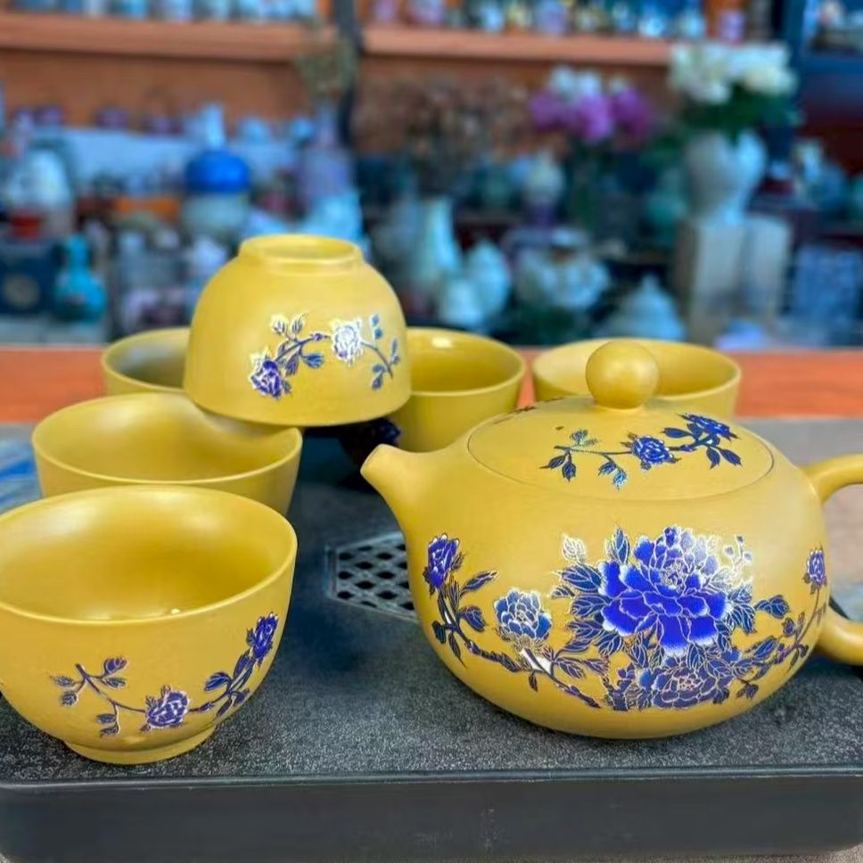 龙窑茶器   LMD黄段泥【花开富贵-牡丹】西施壶+6杯      2736  （C）