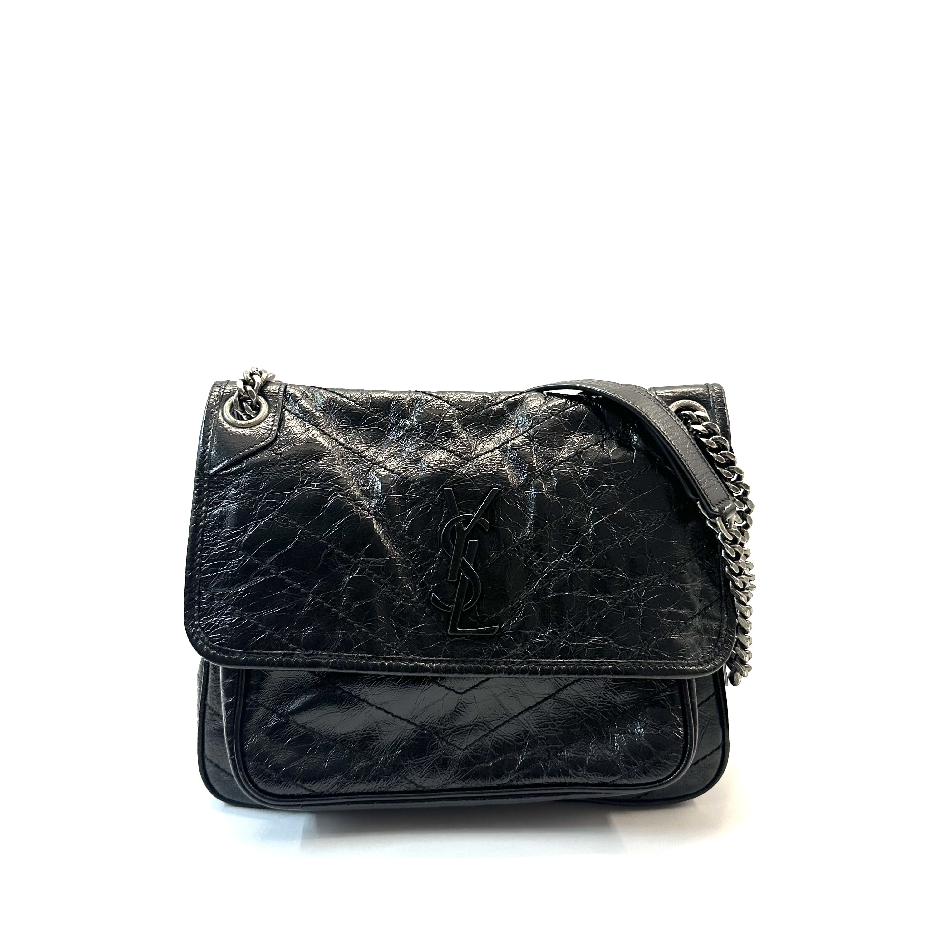 95新 YSL/圣罗兰 98新 niki 银链黑标logo复古褶皱包 牛皮中号