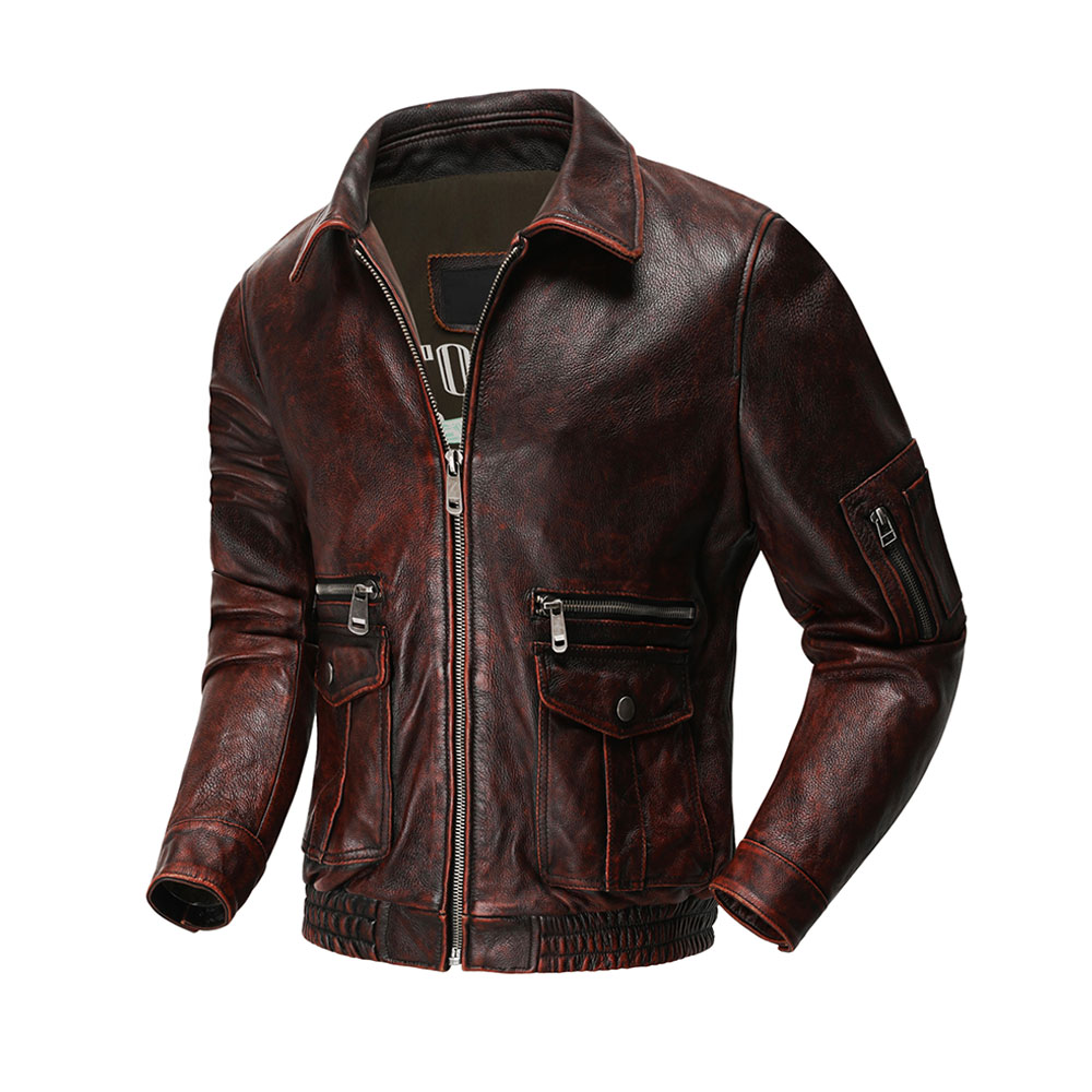 阔版飞行服头层牛皮短款皮夹克男士空军翻领真皮皮衣外套