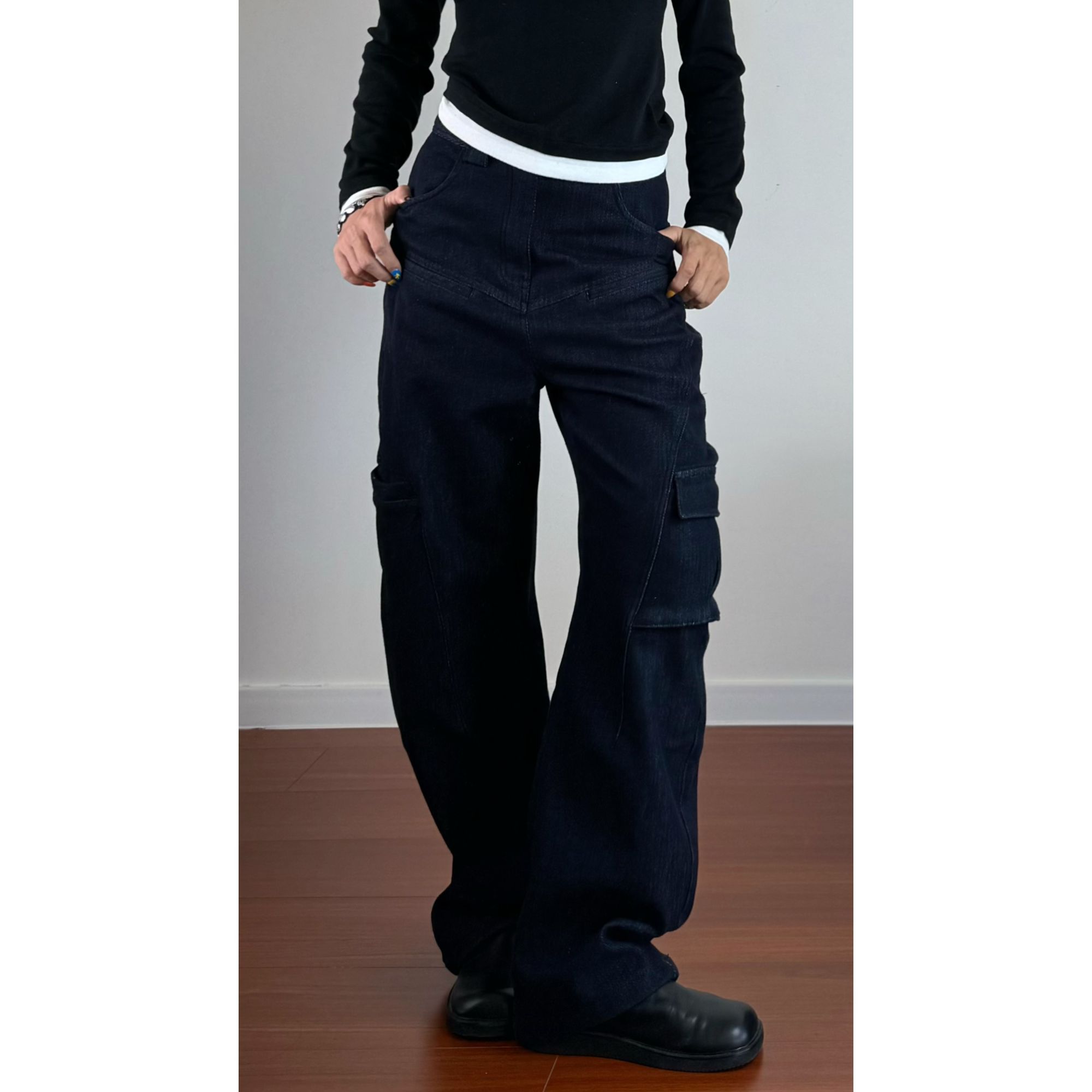 【木兰】男女同款美式复古经典女款阔腿冬季工装黑色水洗牛仔裤6133