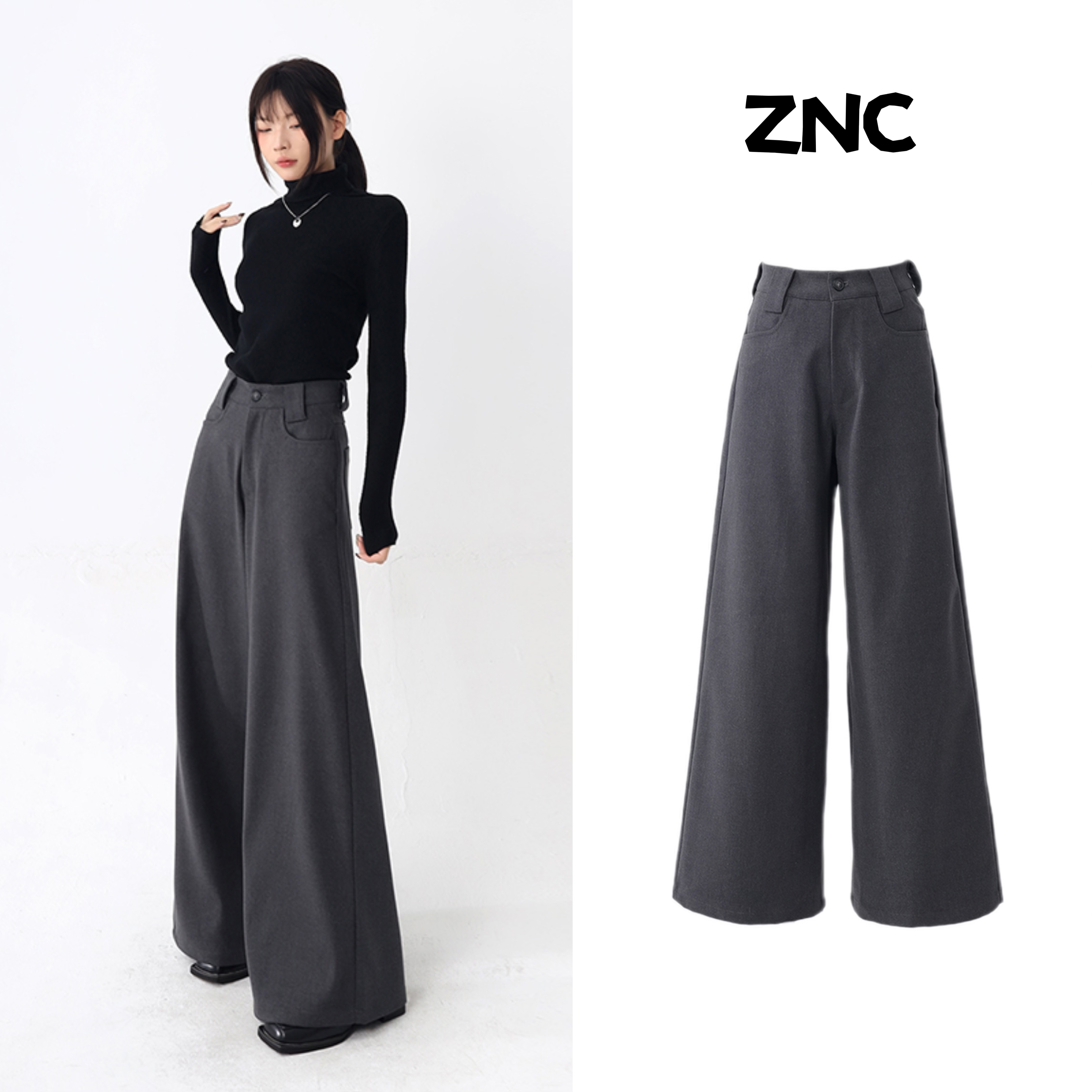 哲娜纯高级灰调显瘦韩版秋冬新款高腰毛呢休闲阔腿裤直筒拖地裤女