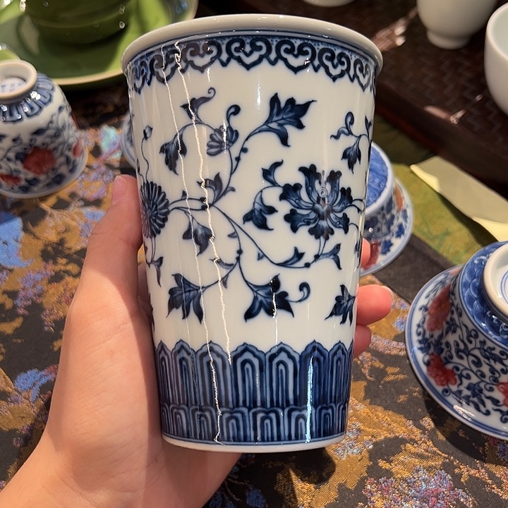 何***也钟家窑孤品柴窑青花可乐杯