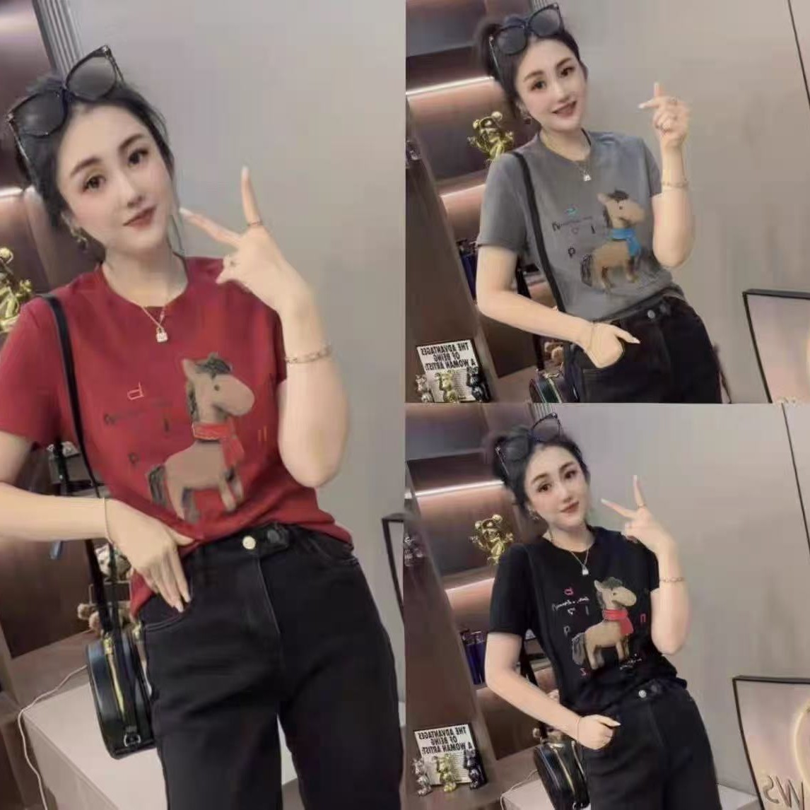 LL琳新年款短袖小红马韩版风印花卡通本命年t恤宽松圆领上衣90025