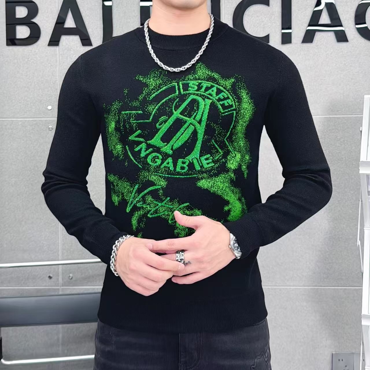 2025冬季新款欧货针织衫修身男烫钻毛衣男高级感品质男装植绒提花