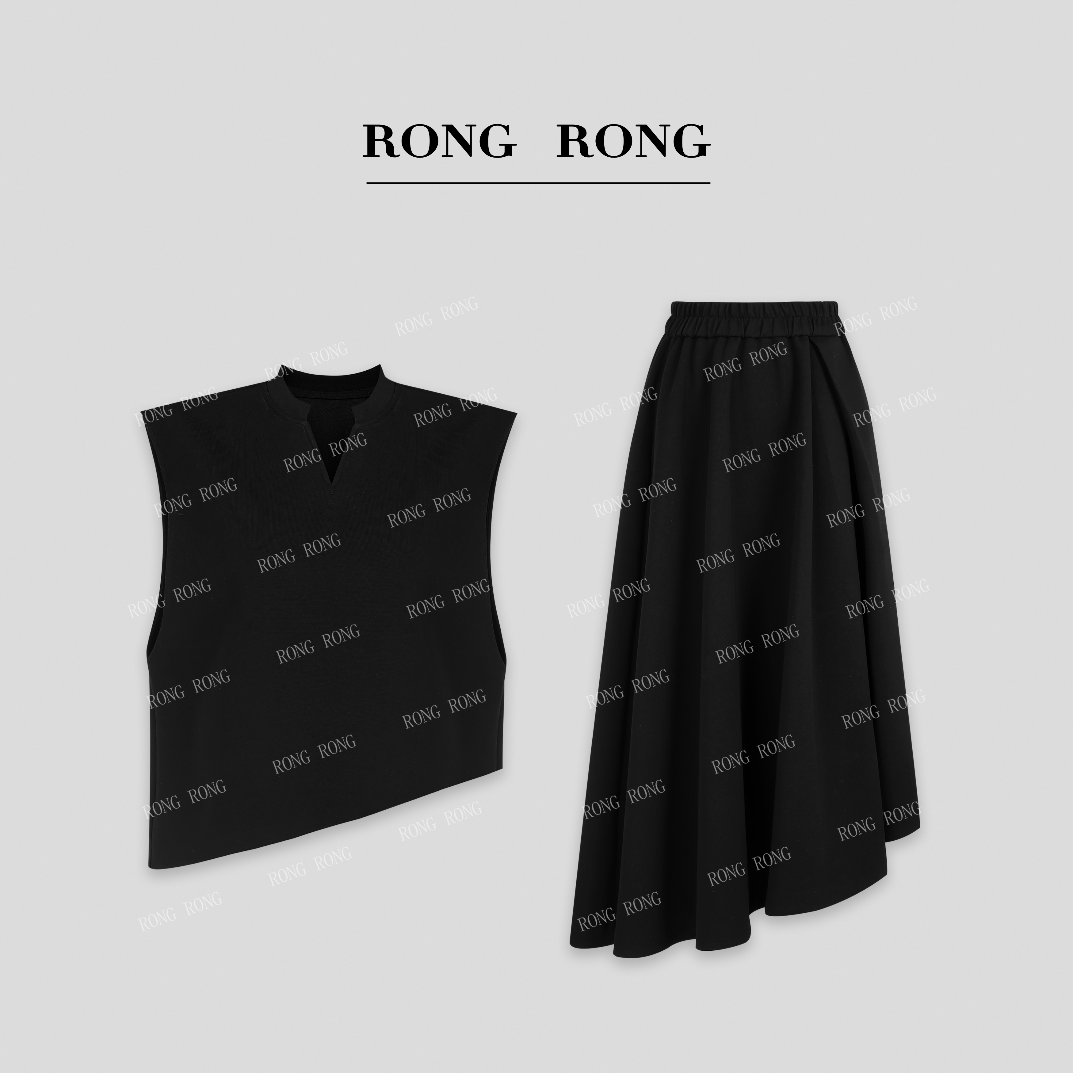 溶溶【弥境墨屿】RONGRONG V领斜切立裁下摆不规则套装C-S210718-1