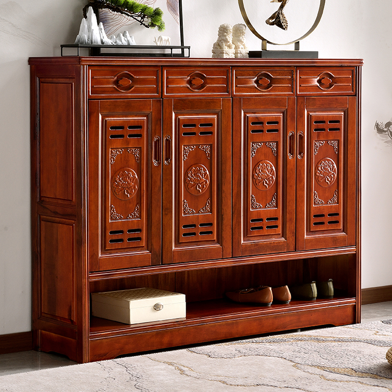 【旭唐X805】全实木中式古典雕花香樟木入户门口门厅鞋柜玄关隔断