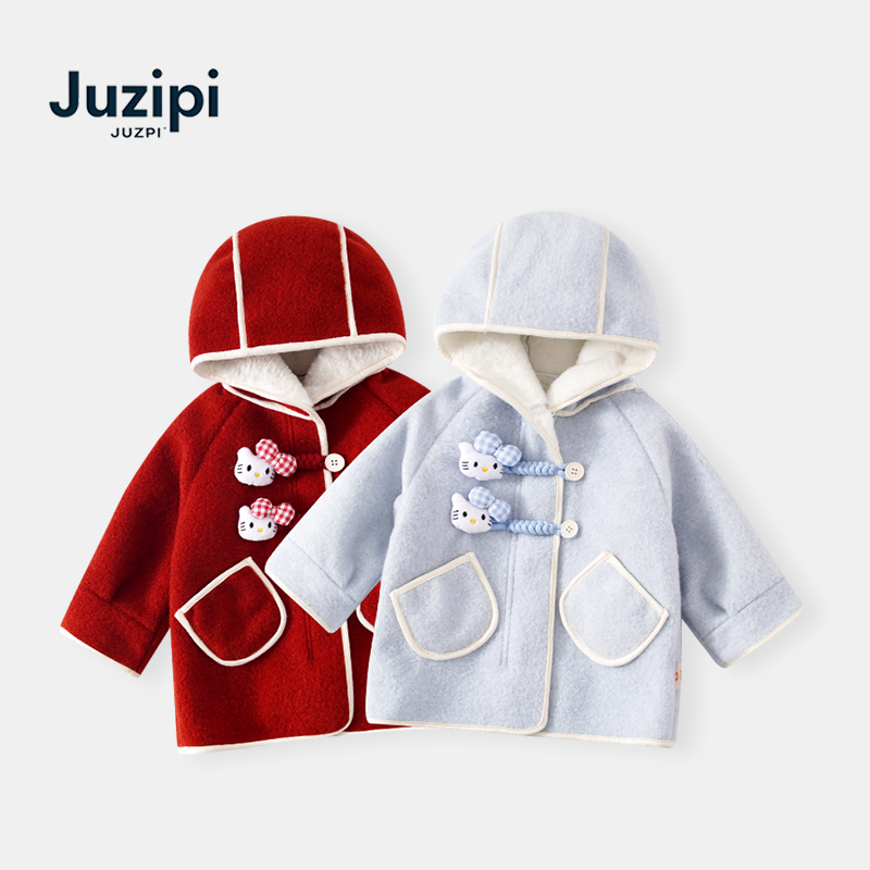 【现货】DW259901冬季新款儿童外套女童加绒保暖呢大衣连帽女宝冬装