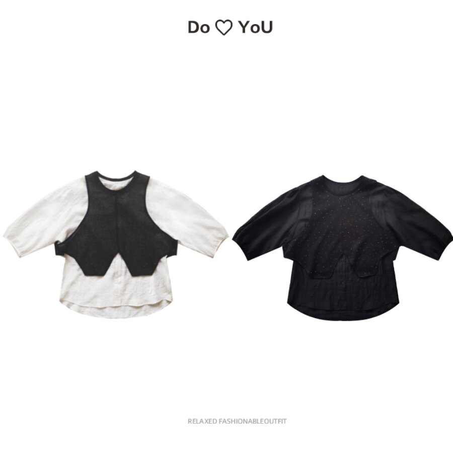 朵悠优《拼接烫钻两件套长袖》2025新款春百搭假两件套九分袖上衣HB