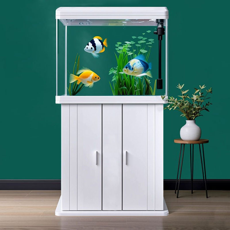 白色【长80*宽33.5*高54.5】带盖子圆角过滤增氧循环鱼缸+白色柜子