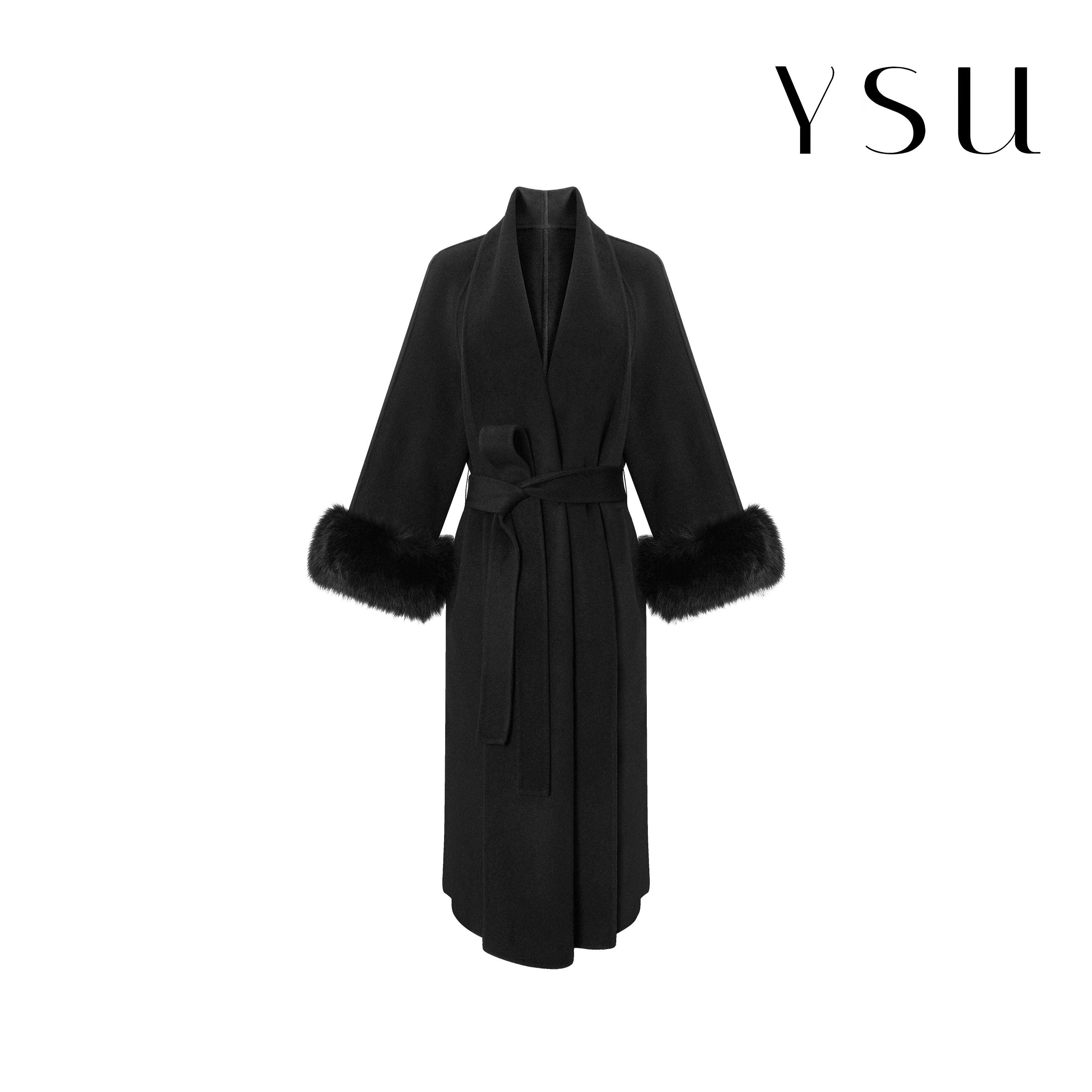 【YSU】毛呢大衣女毛袖口双面呢系带收腰中长款Y304369