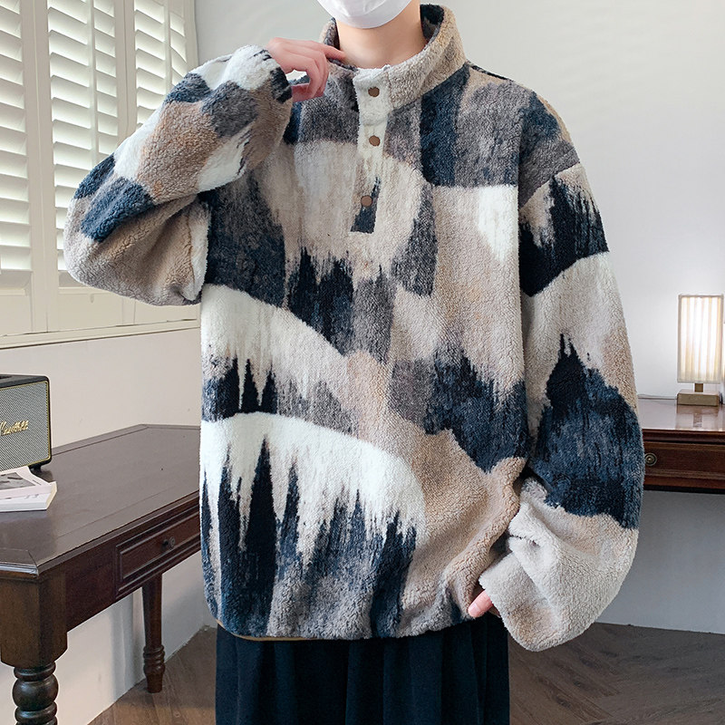 2025秋冬季男士加绒立领毛衣印花针织衫加厚打底衫卫衣情侣5582