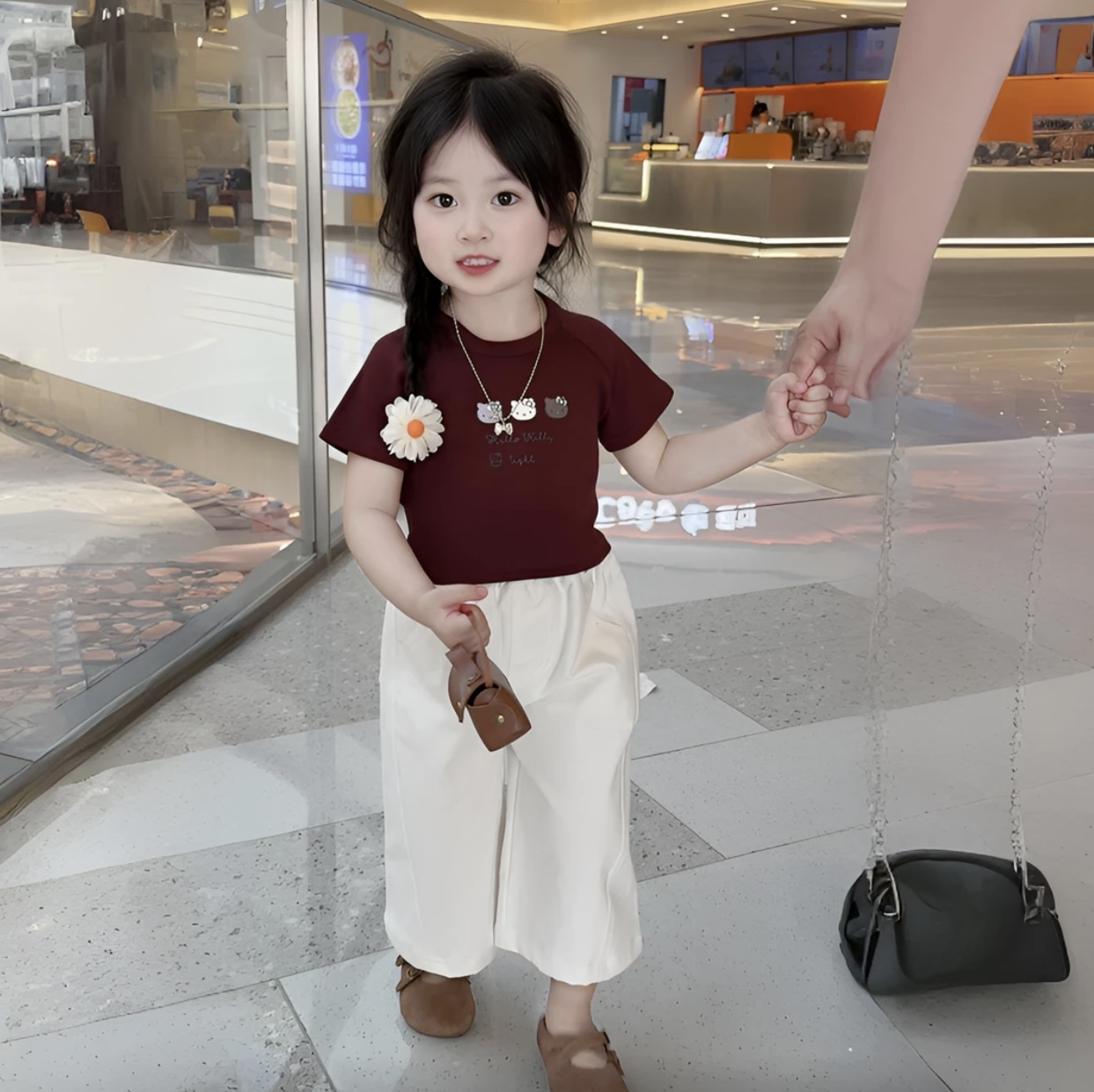 韩系2025女童红色KT猫咪T恤白色直筒分割裤夏季套装