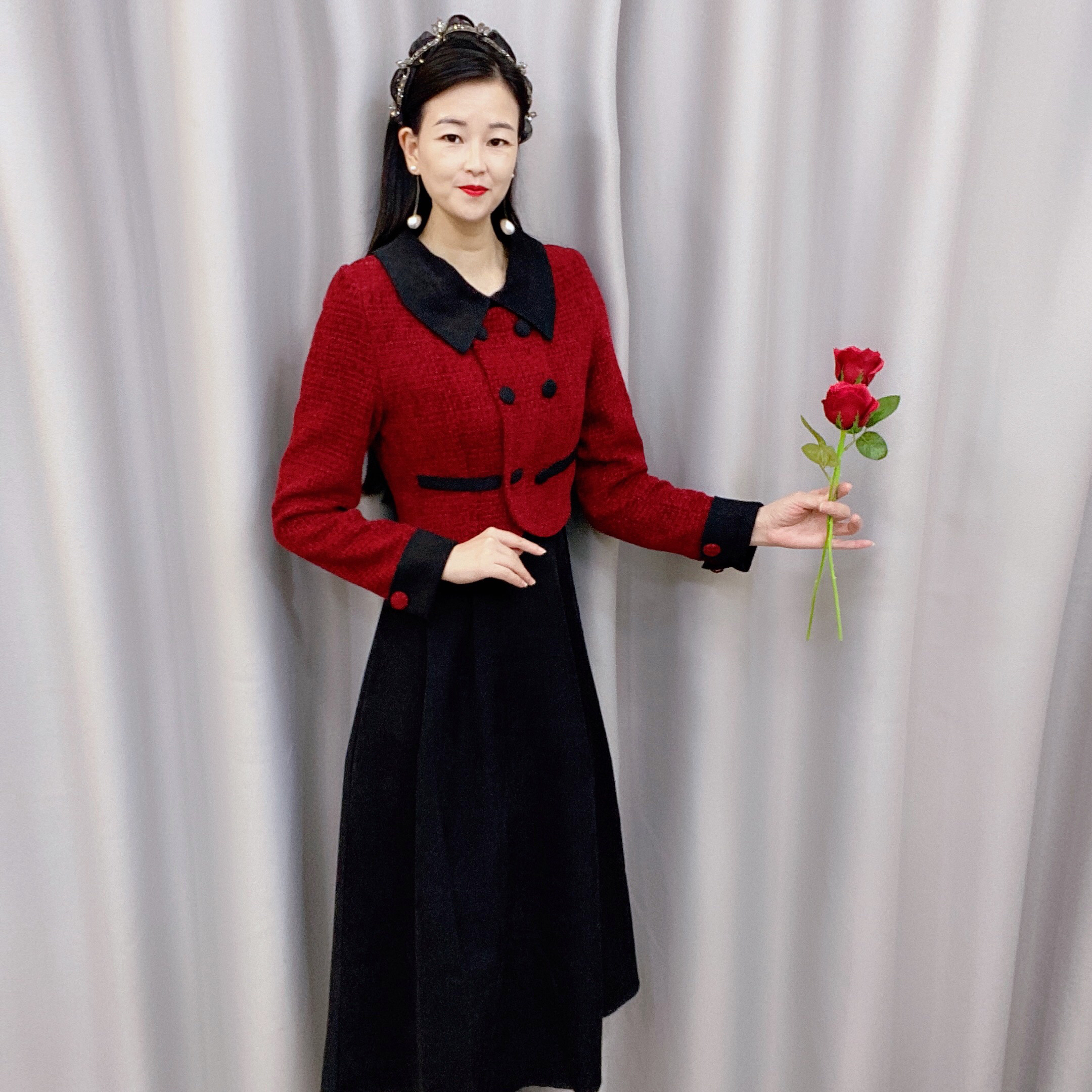 新款翻领长袖秋冬中长款A字假两件连衣裙