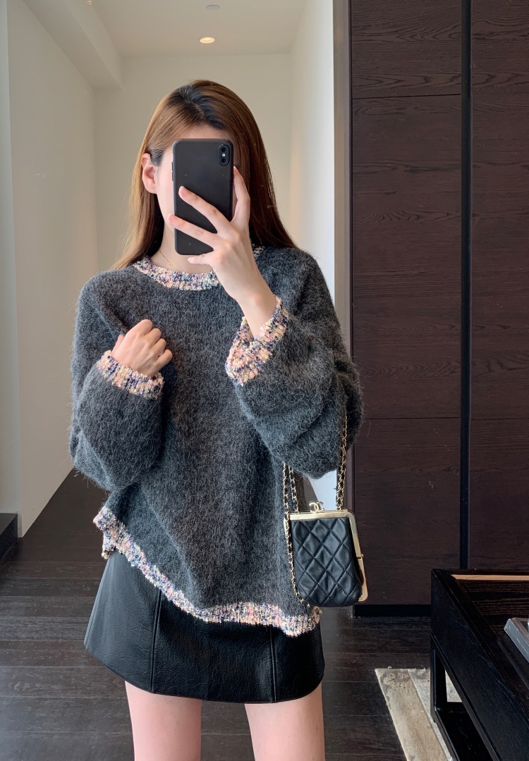 【店铺爆款】上衣复古风套头宽松型拼色圆领韩版针织衫毛衣女打底衫