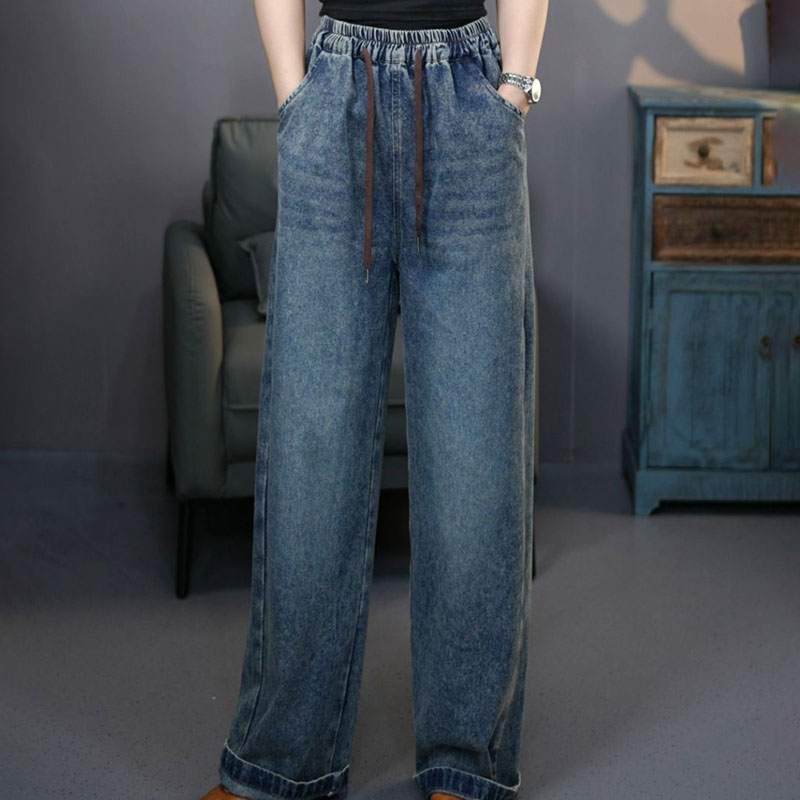6788蓝#2025秋季复古显瘦女士牛仔直筒裤松紧腰时尚水洗梧桐裤