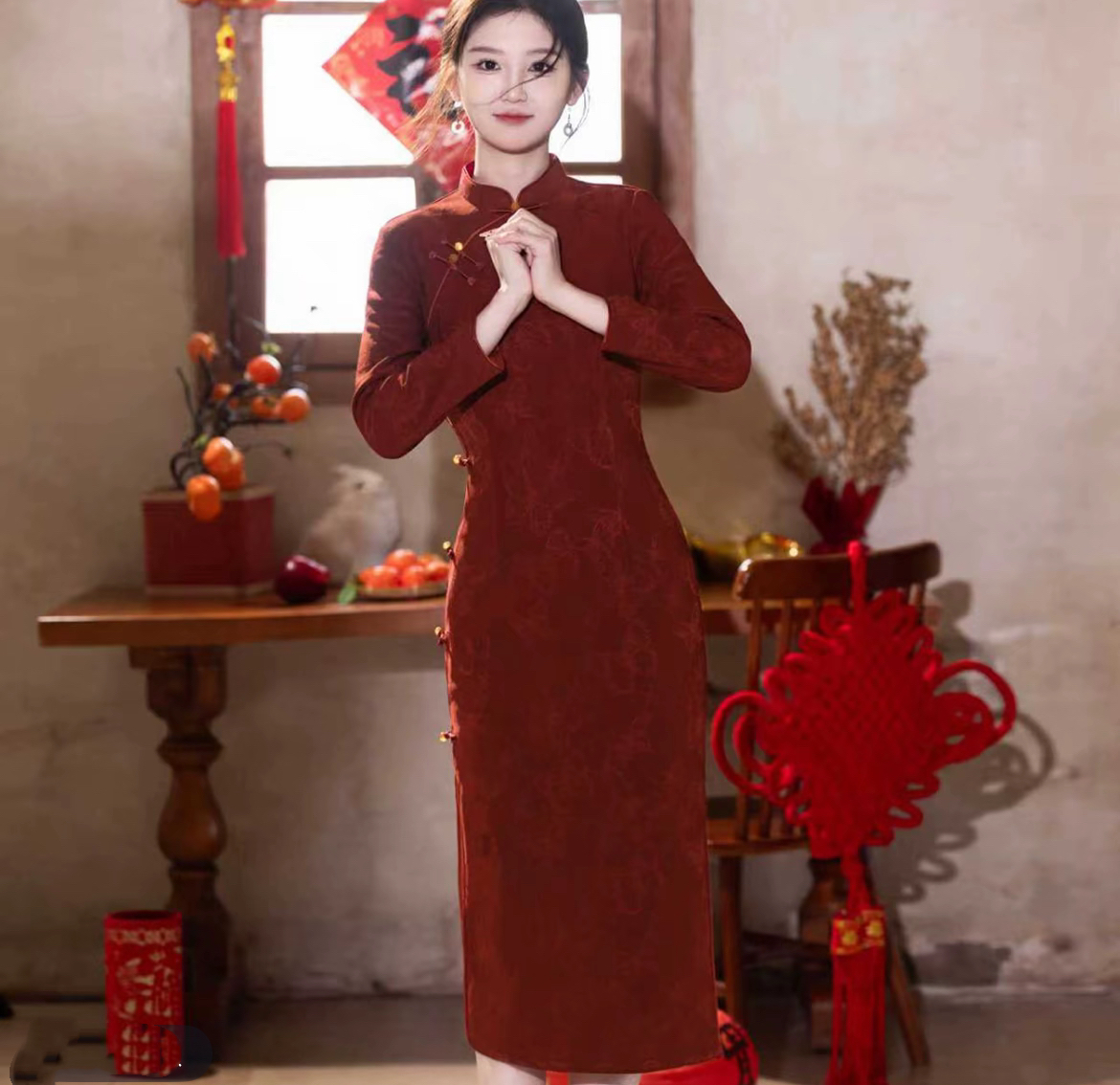 【暖意】旗袍秋冬加绒加厚弹力显瘦气质中长款裙子敬酒服礼服优雅女