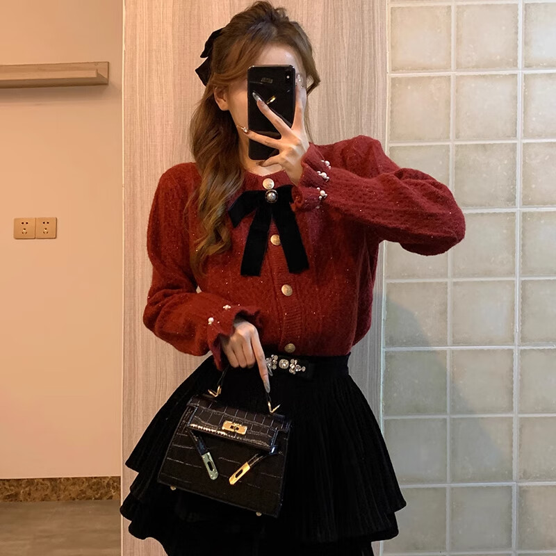 春秋红色圆领毛衣女蝴蝶结针织开衫外套亮丝钉珠小香风洋气上衣