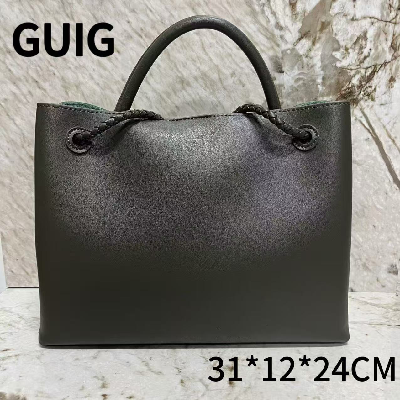 GUIG24秋冬新款手工真皮定制女包百搭 8字扣托特 橄榄绿色