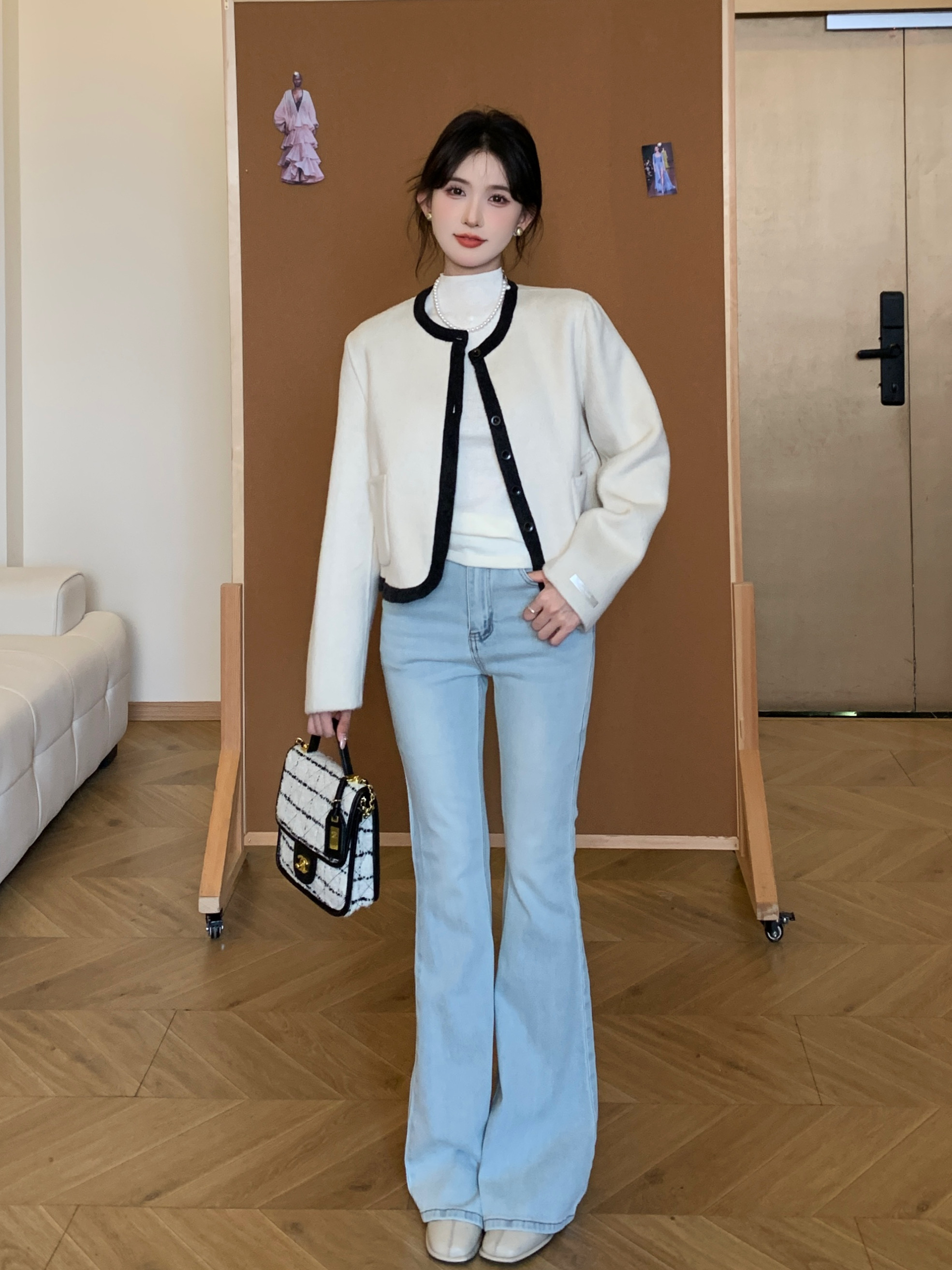 SHAOER【粉丝专属】韩国小香风撞色圆领拼接羊毛外套BQD25058514