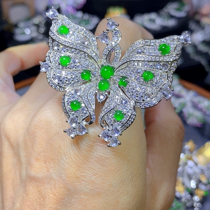 翡翠戒指银S925镶嵌天然翡翠