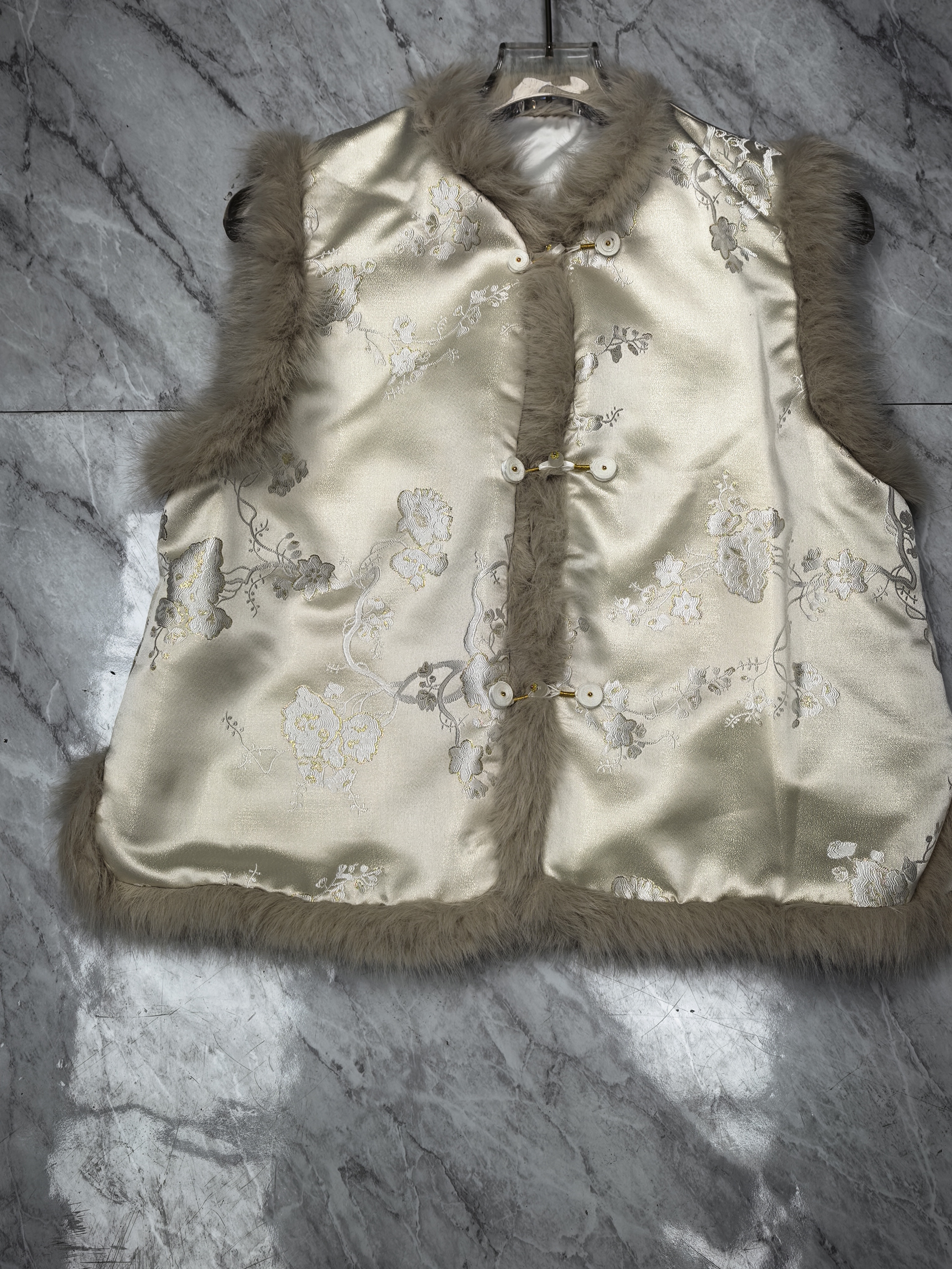 立领盘扣提花加厚夹棉拼接马甲国风保暖显瘦外穿背心女秋冬