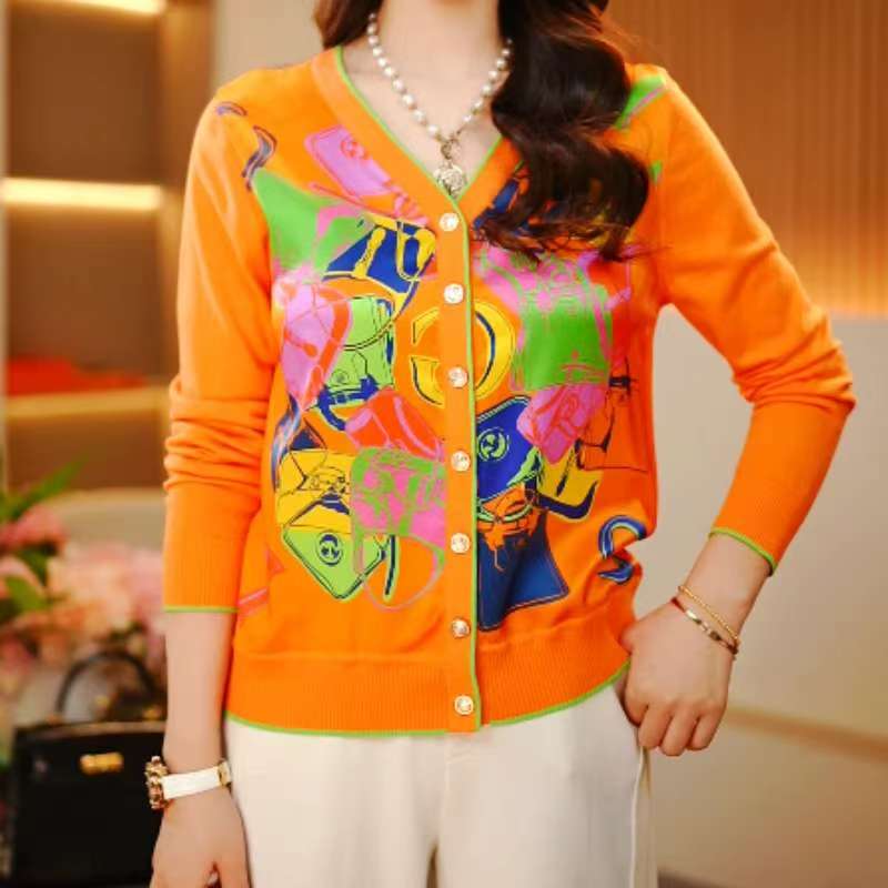 2025春季时尚百搭桑蚕丝印花女士休闲长袖V领开衫-285