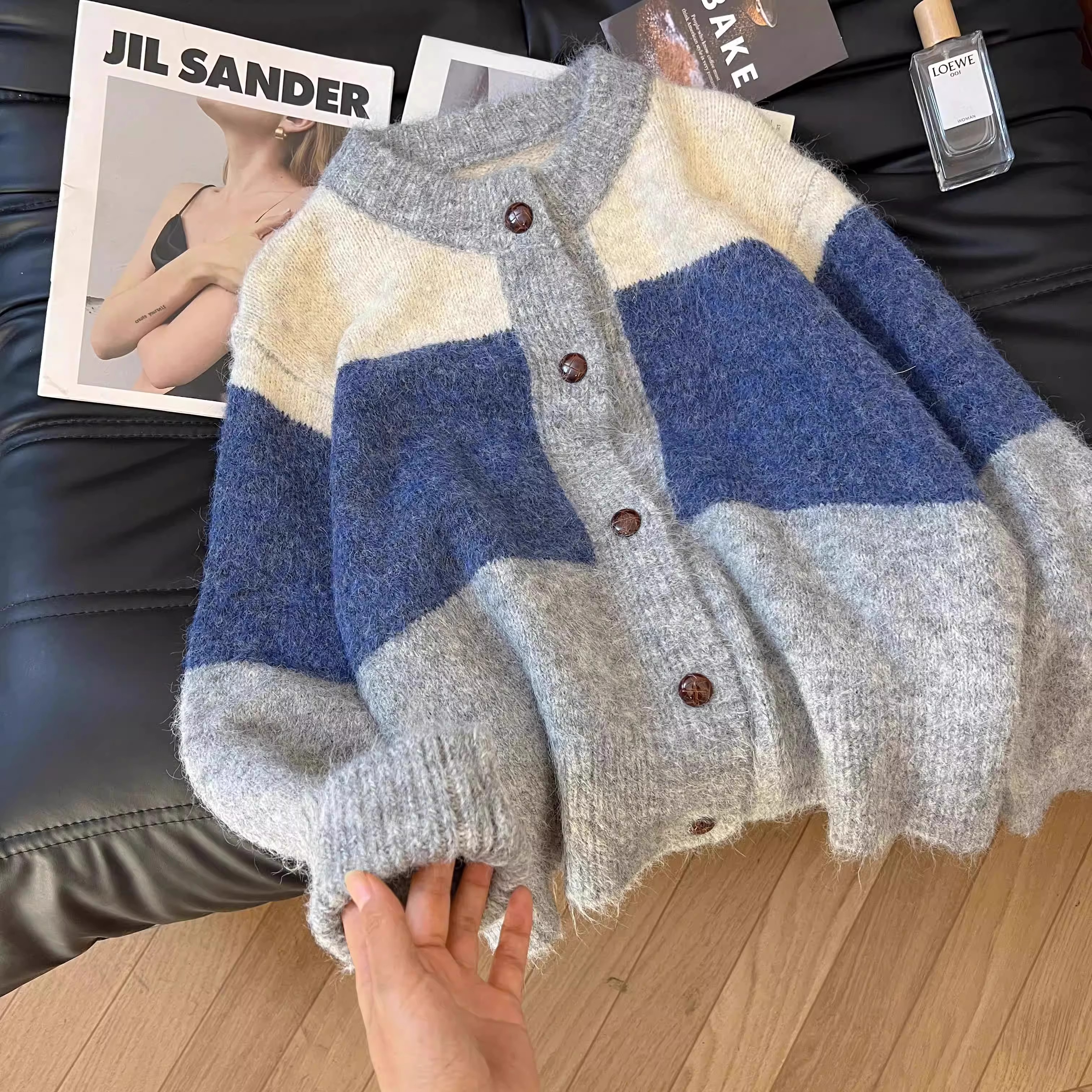 新款复古慵懒风设计感百搭针织开衫上衣韩系撞色条纹毛衣外套秋冬