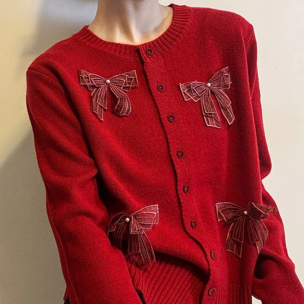 2025秋冬新款蝴蝶结针织开衫女时尚保暖百搭