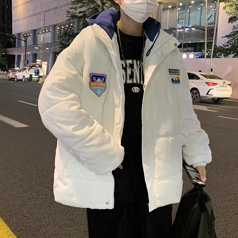 冬季加厚假两件棉衣男连帽潮牌日系复古港风潮流帅气情侣棉服外套