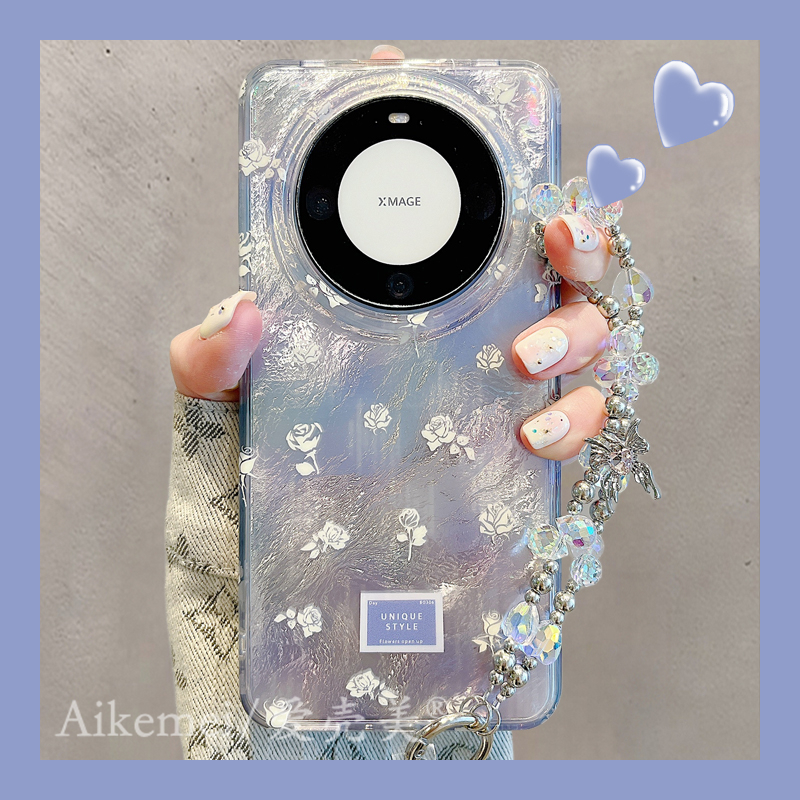 适用华为mate70pro+手机壳紫色晕染mate60pro+锡纸纹白色玫瑰花女