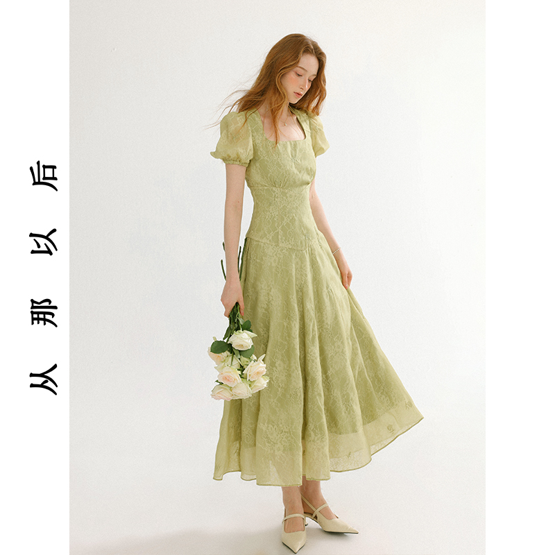 SINCE THEN木桃物语法式方领绿色长裙高级感小裙子短袖连衣裙初春
