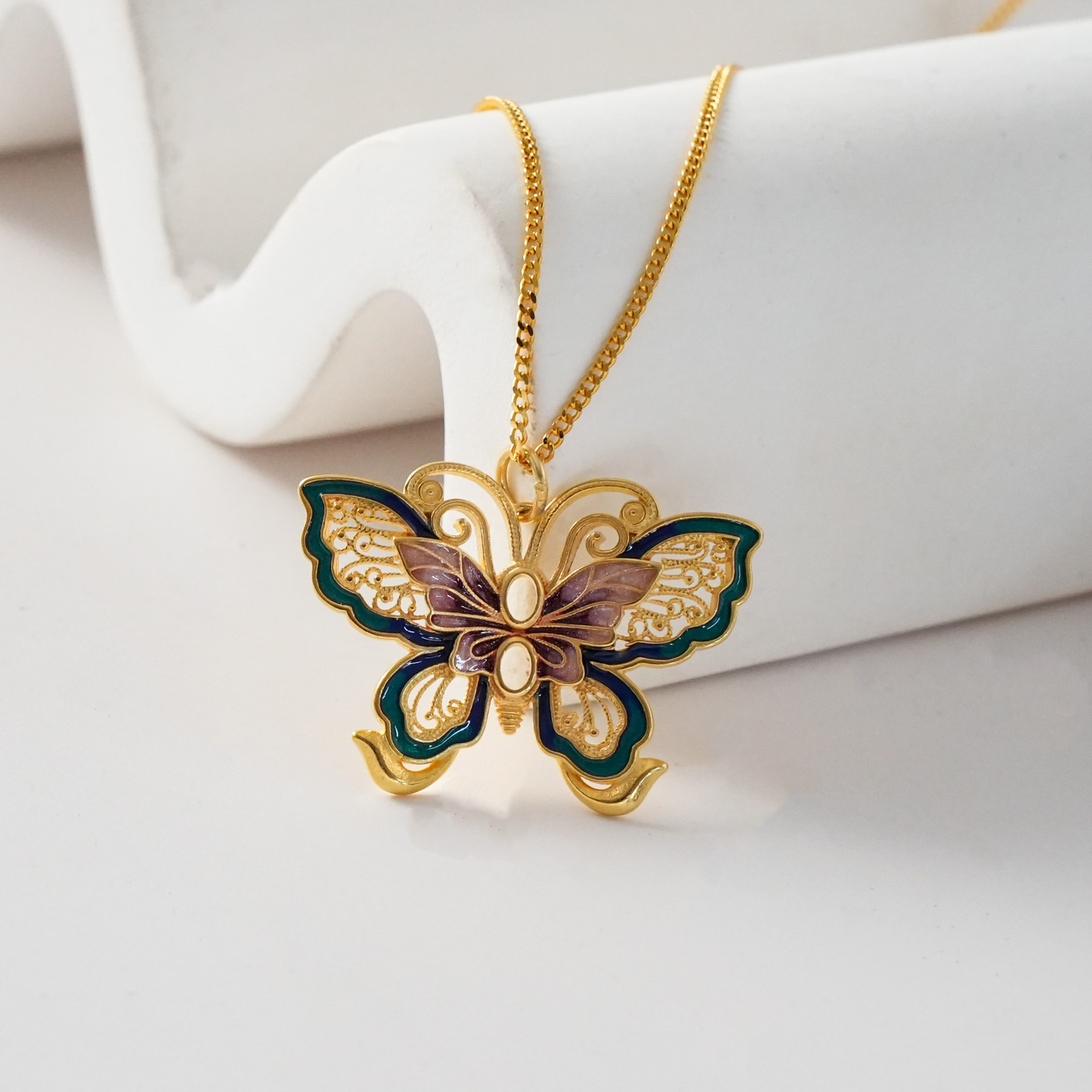 吊坠925银珐琅 银蝴蝶珐琅套链手工蓝色古法彩色烧蓝蝶T51项链
